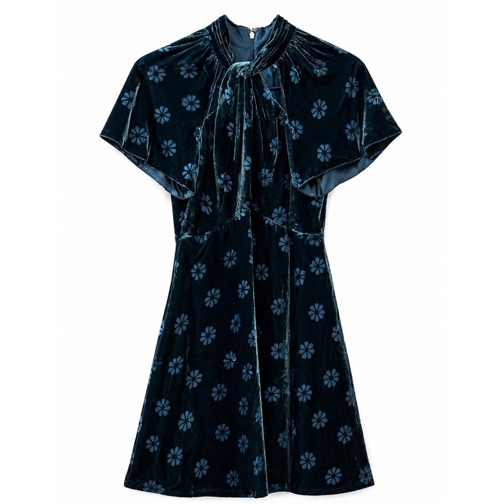 Kate Spade Velvet Floral Tie Neck Dress Size 0 Silk Blend Mini Blue  Party‎
